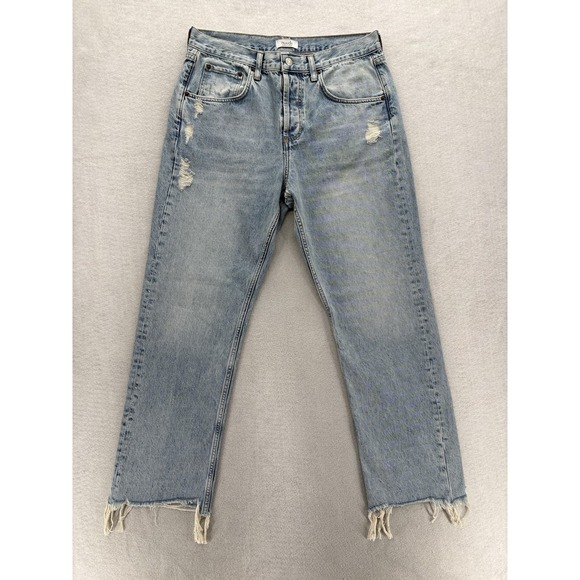 Nuuds Curvy Straight Jeans Womens 29 Blue High Rise Distressed Denim Raw Hem - Picture 1 of 15